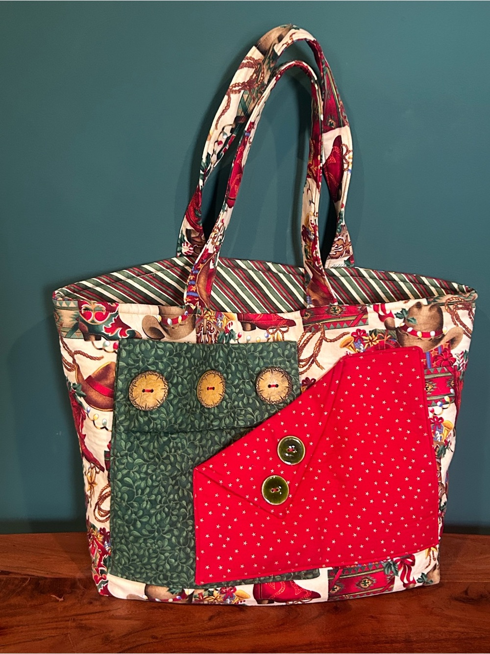 Handmade Multi-Color Patchwork Tote Bag - Red & Green